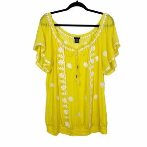 Torrid Bohemian Embroidered Top Yellow White Flutter Sleeve Size 2X